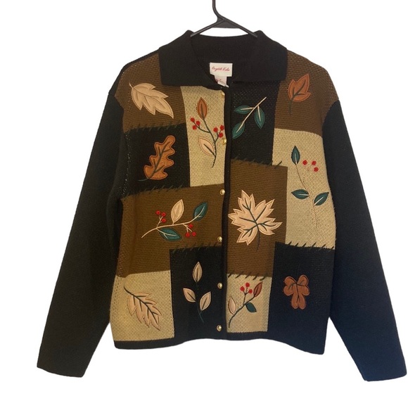 Crystal-Kobe Sweaters - Vintage Crystal-Kobe Oversized Autumn Leaf Color Block Sweater Cardigan Size M